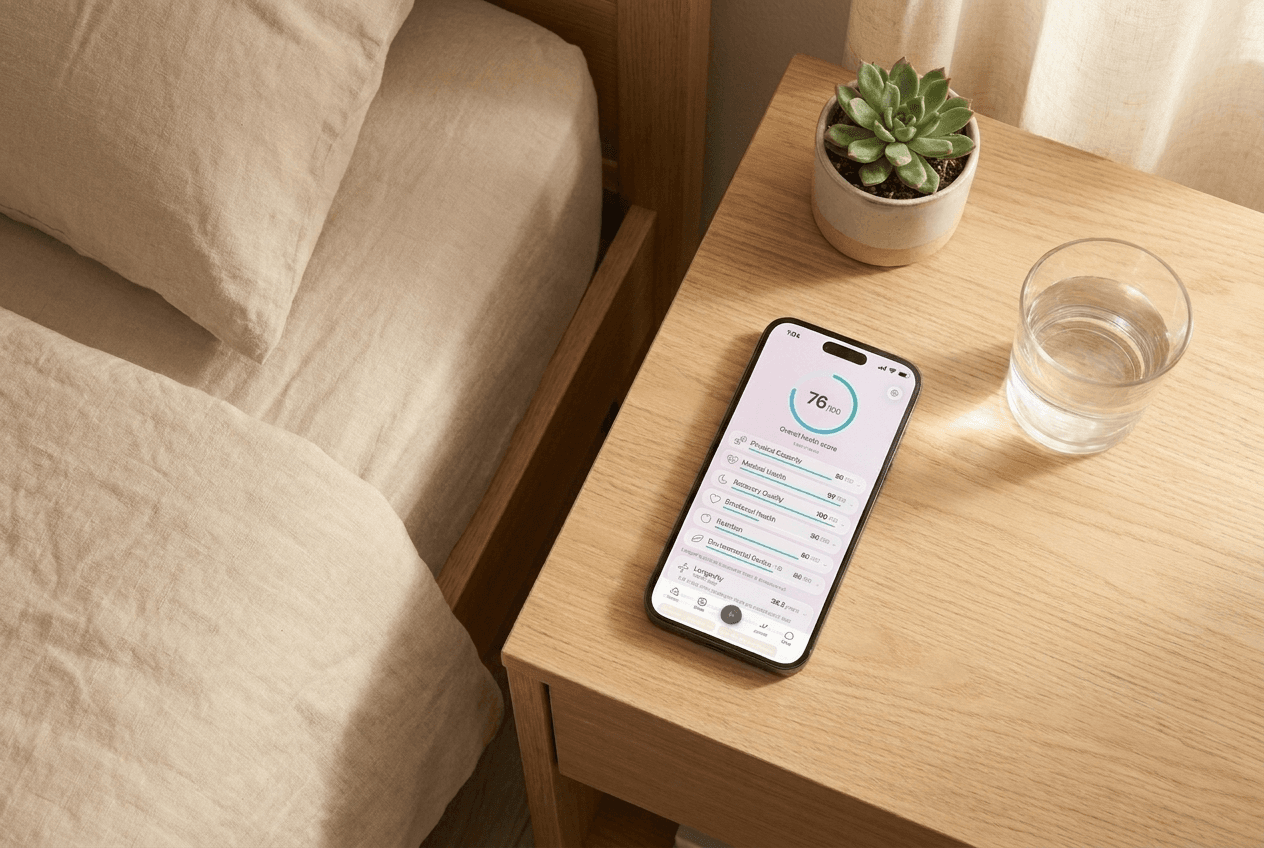 Carthalis on a phone beside a bedside table in soft morning light — wellness scores on screen